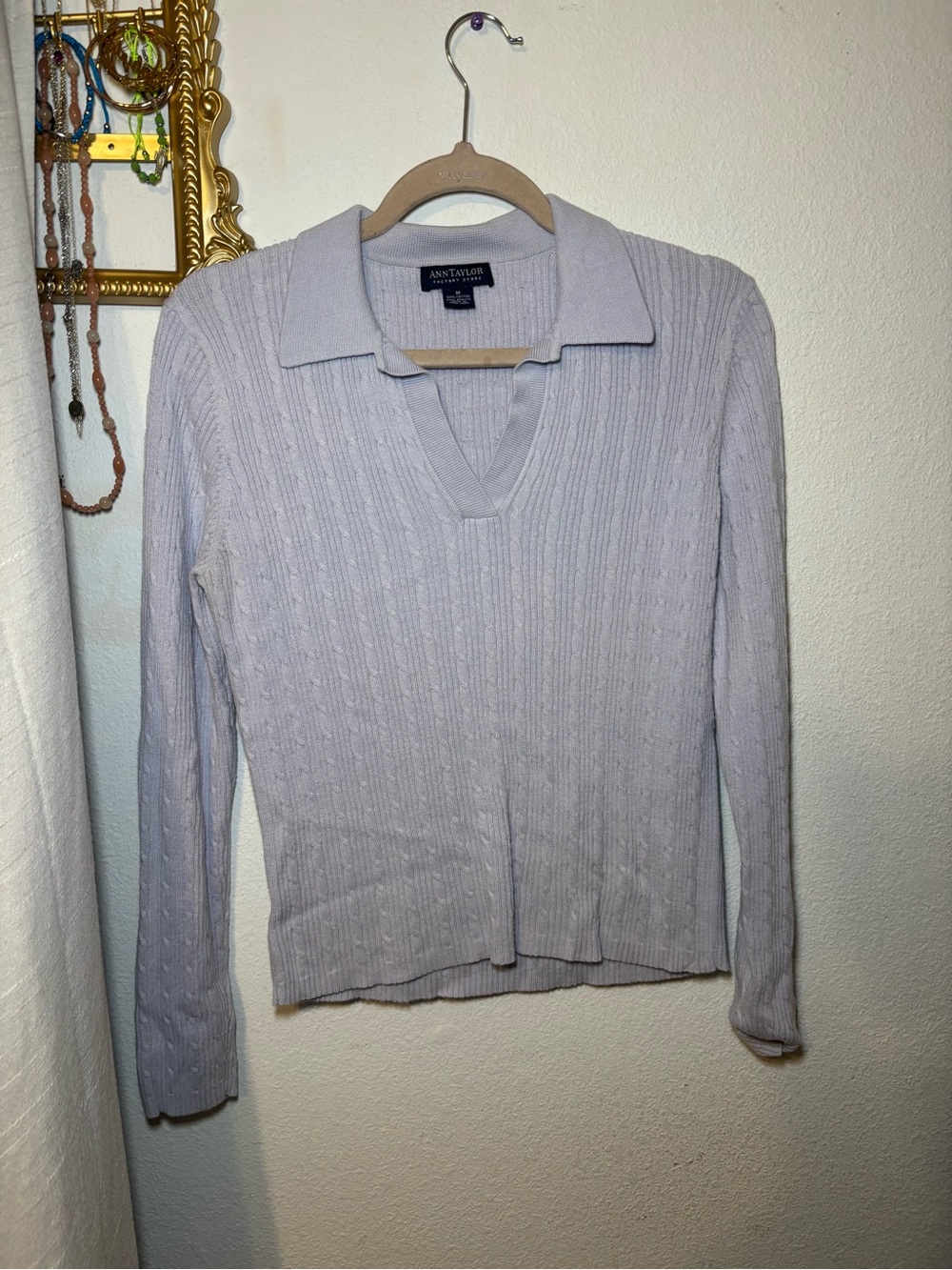Ann Taylor Light purple Cable-Knit V-Neck Sweater with Collar
